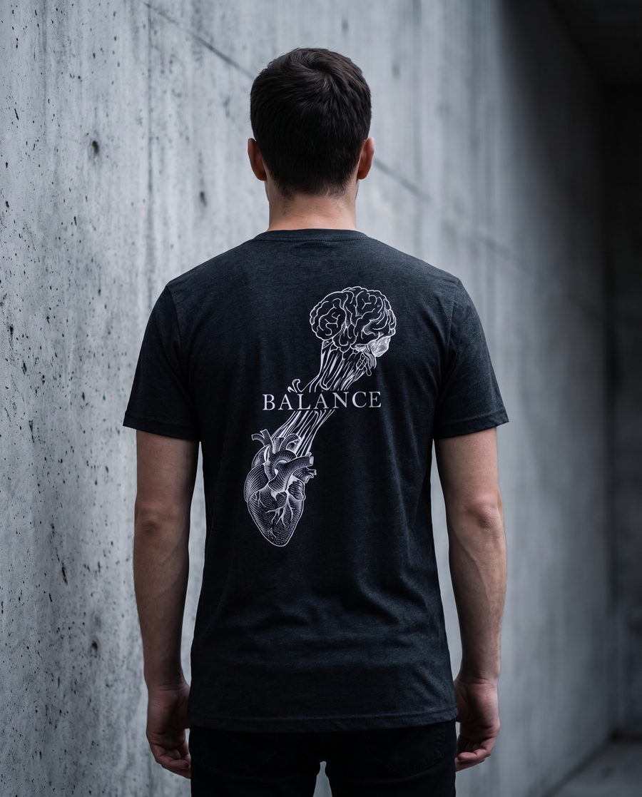 Model wearing BEXP Balance t-shirt against a brutalist concrete wall