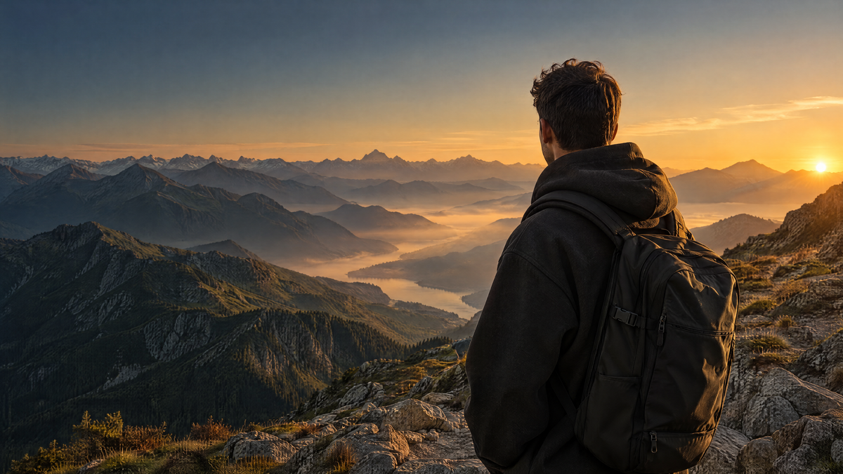 Man in a black hoodie with a backpack looking over a mountain valley at sunrise
