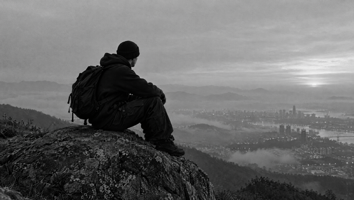 Black and white photo of a man in a black hoodie and beanie sitting on a rock above a misty city