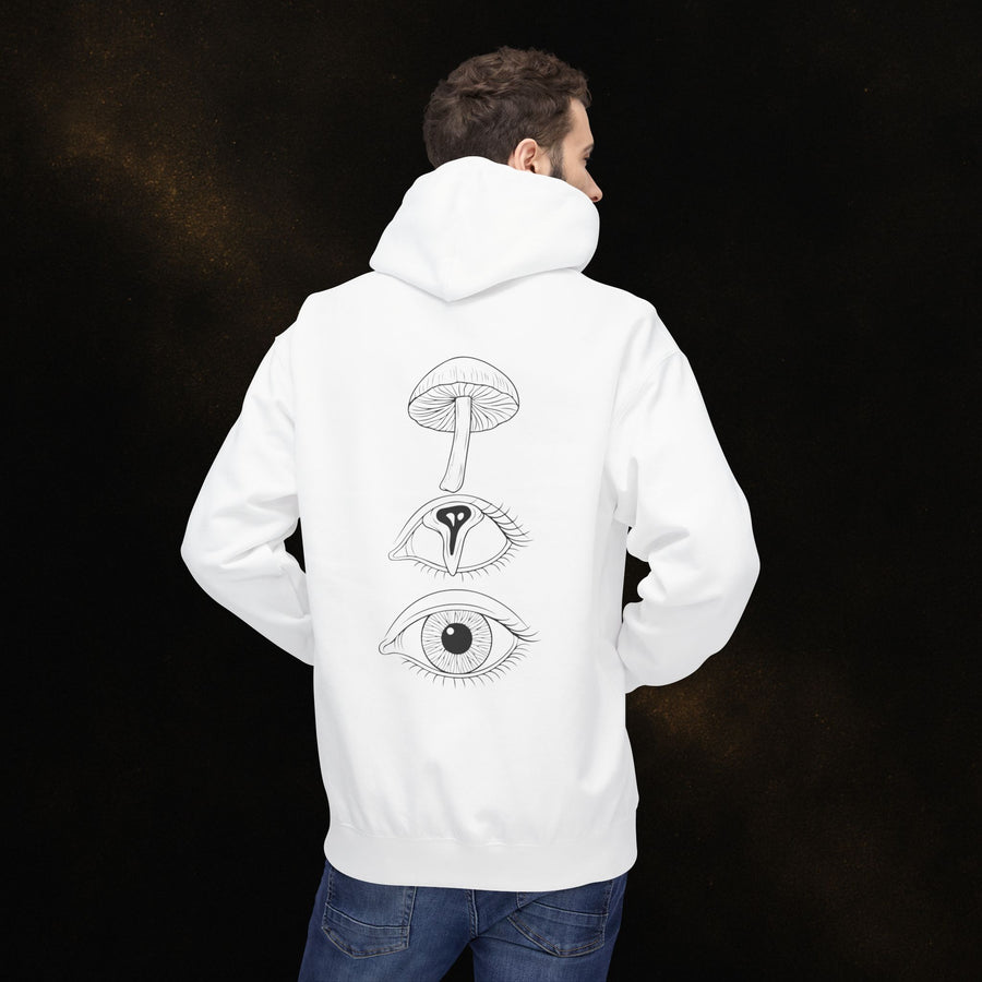 Model wearing BEXP Fungus hoodie, back print of mushroom and eyes