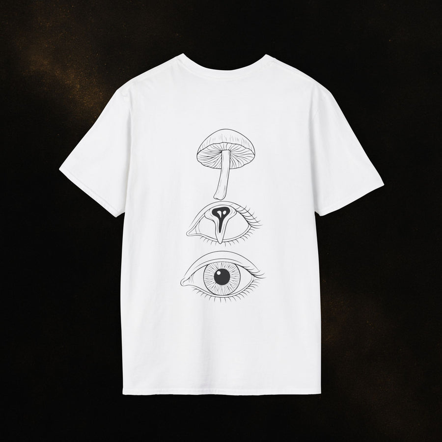 BEXP Fungus t-shirt flat lay, back print of mushroom and eyes