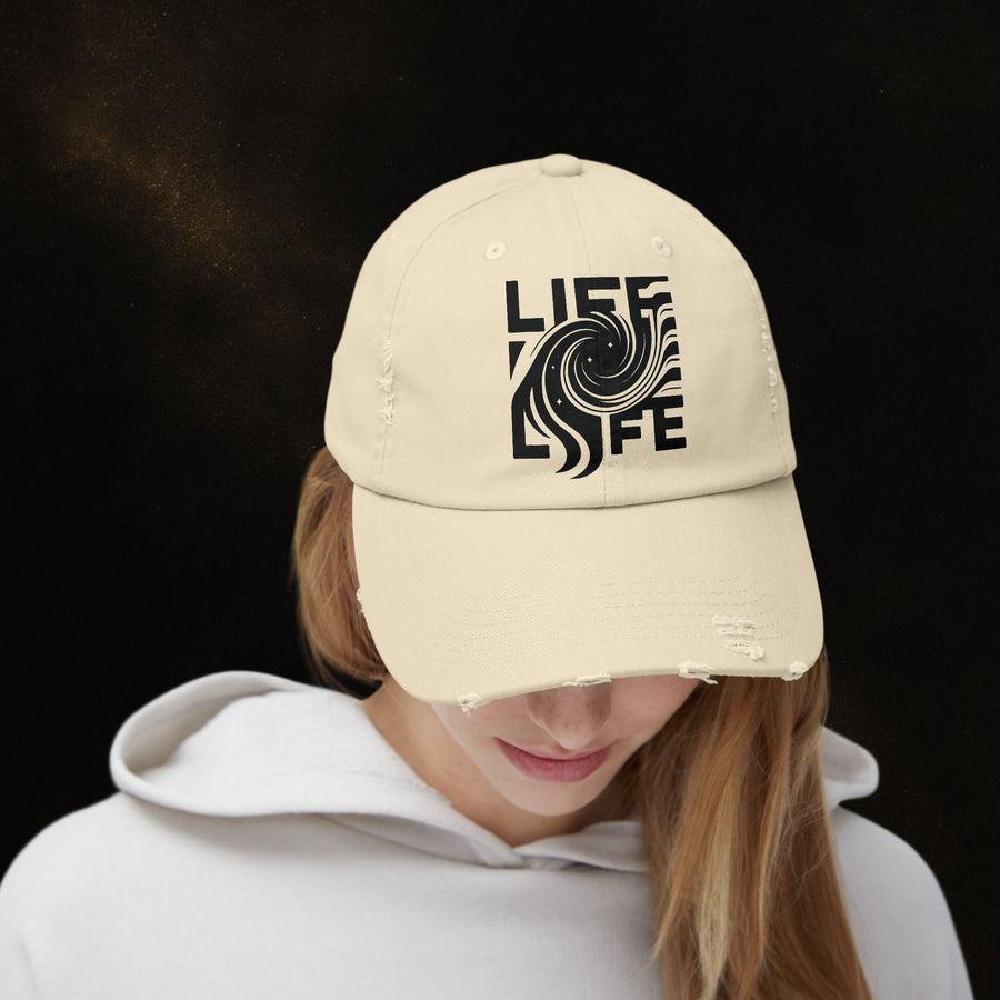 Model wearing BEXP Life cap with spiral galaxy design