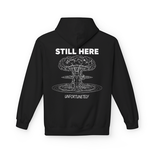 BEXP Still Here hoodie back print detail, mushroom cloud design